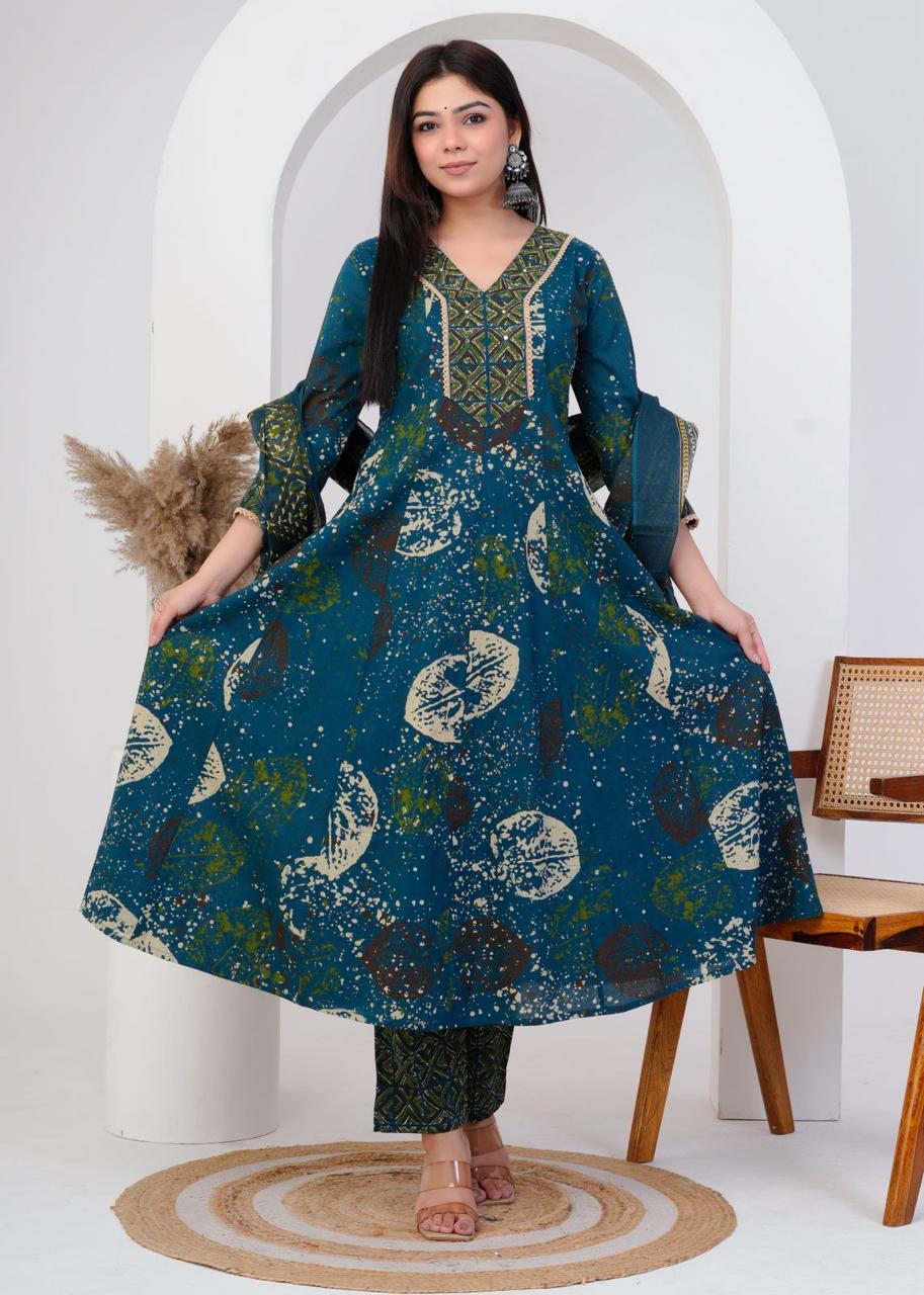 Pure Cotton A Line Anarkali Discharge Print Rama Green Color