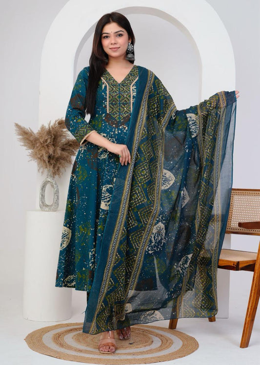 Pure Cotton A Line Anarkali Discharge Print Rama Green Color
