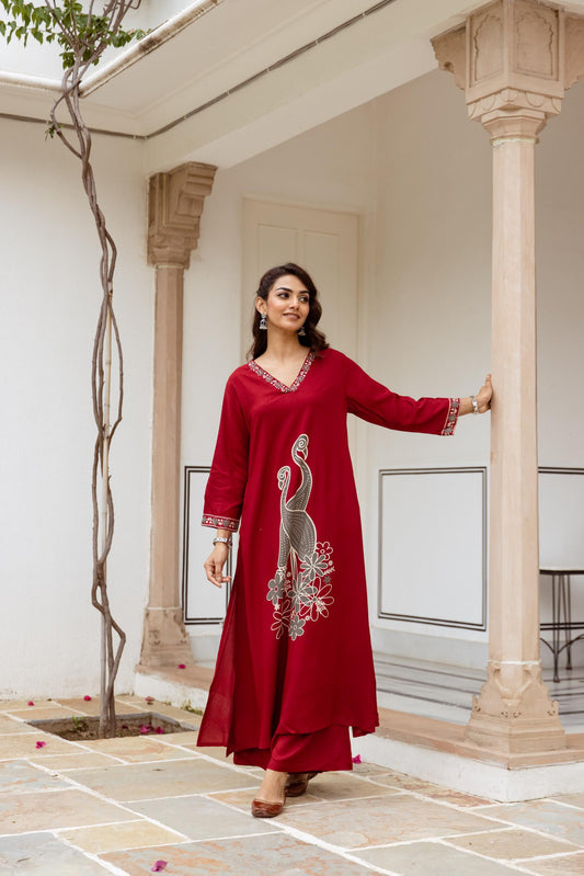 GFH Signature Premium Viscose German Rayon Long Co-ord Set with C-Cut Pattern Red Color