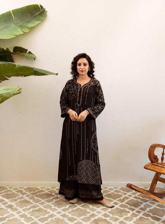 GFH Signature Premium Viscose German Rayon Long Co-ord Set with C-Cut Pattern Black Color