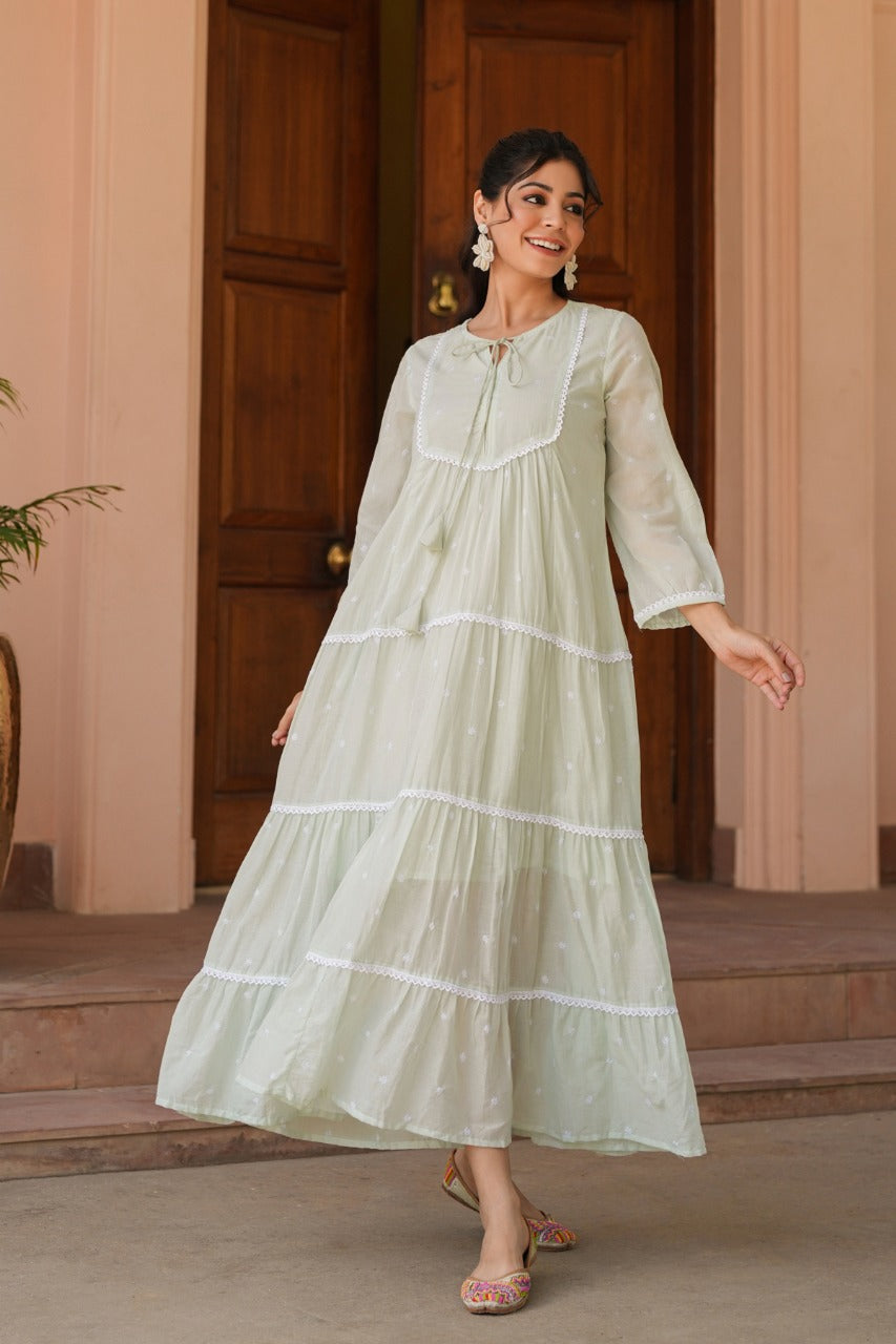 Pure Mull Cotton Midi Lacework Light Pista Green Color