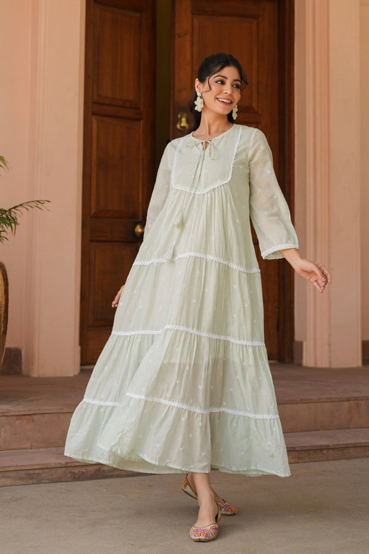 Pure Mull Cotton Midi Lacework Light Pista Green Color