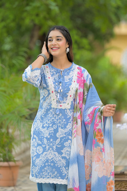 Pure Cotton 3pc Set Lacework Sky Blue Color