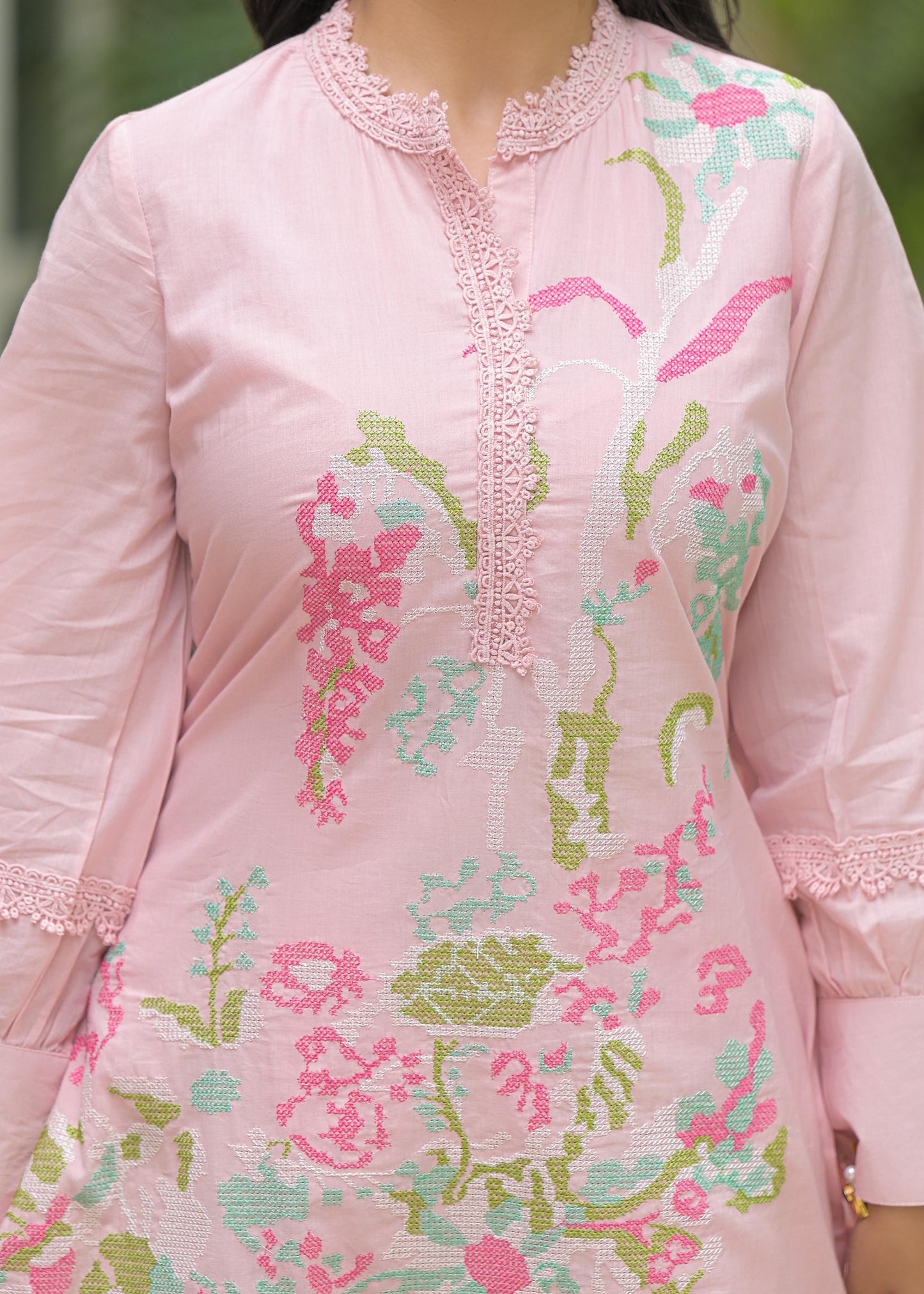 Pure Cotton Cordset Embrodeiry Thread Work Light Pink Color