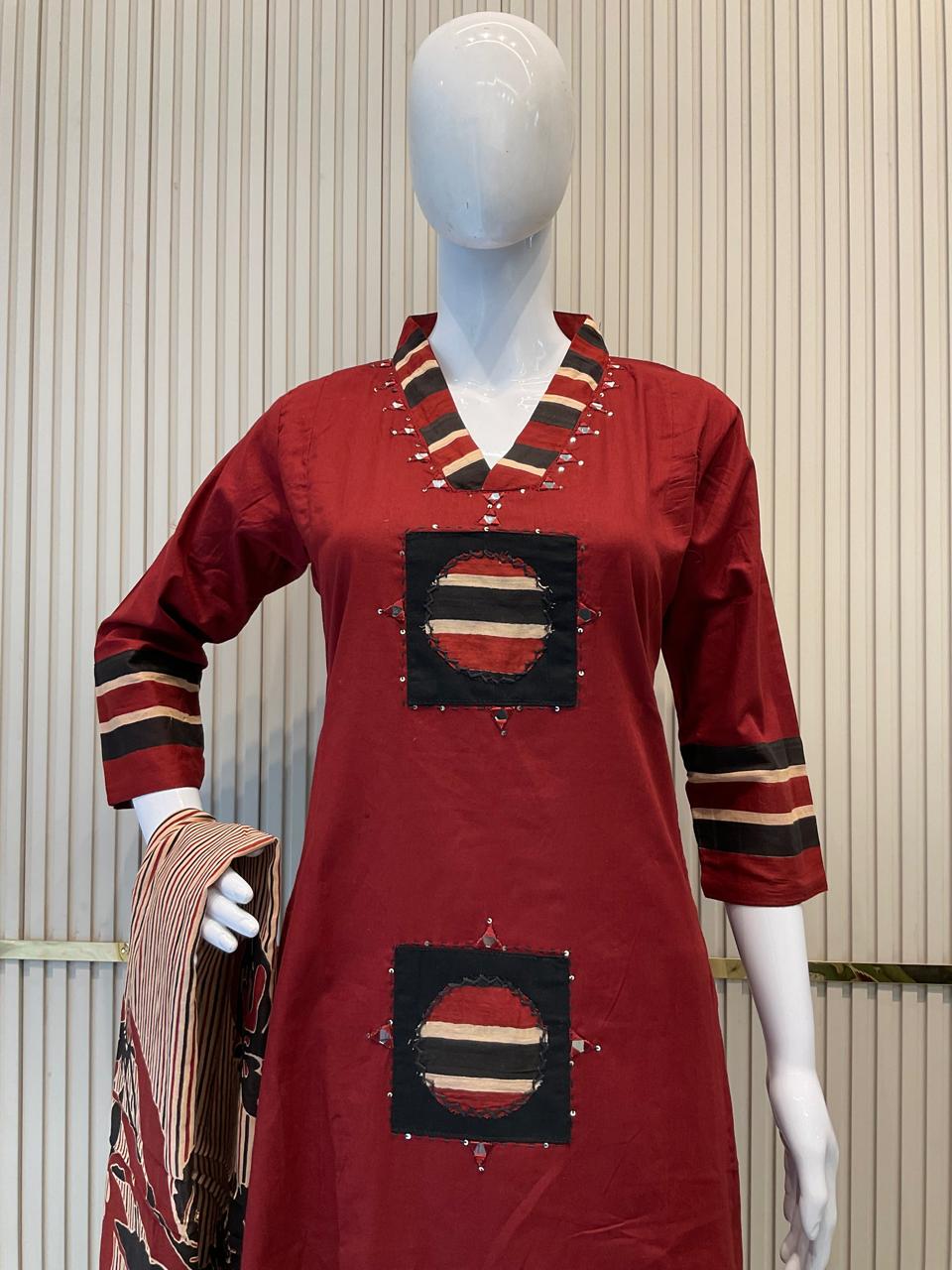 Pure Cotton 3 pc set V neck pattern Red Color