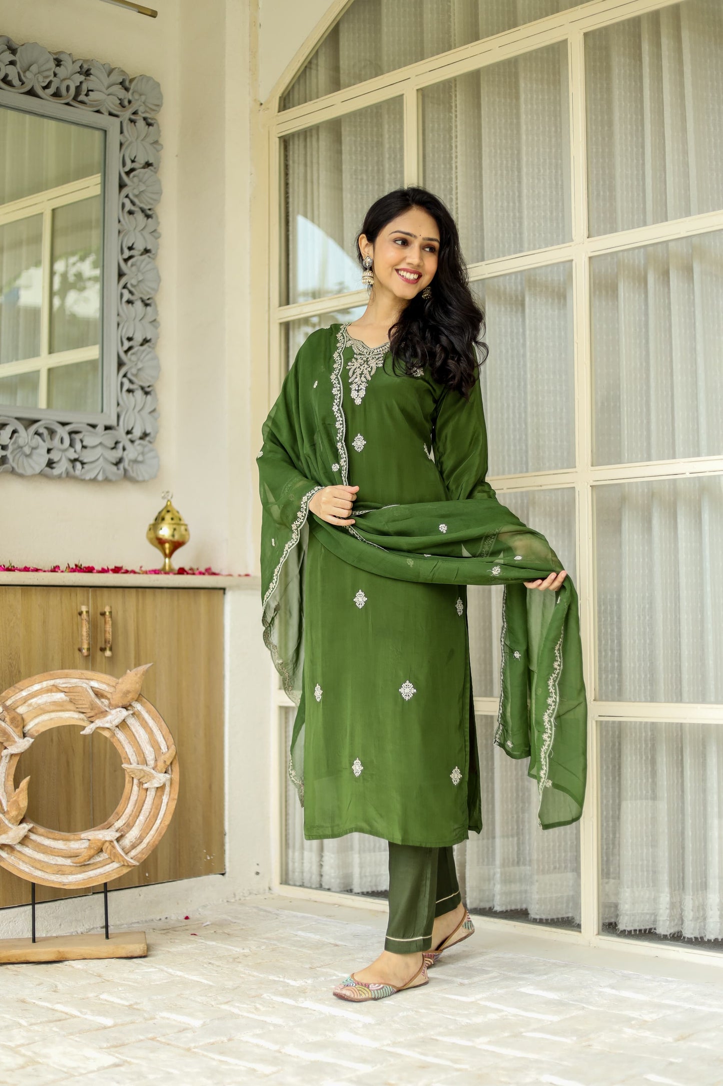 Pure Crep 3pc Set With  Hand Jari Sequence Work Green Color