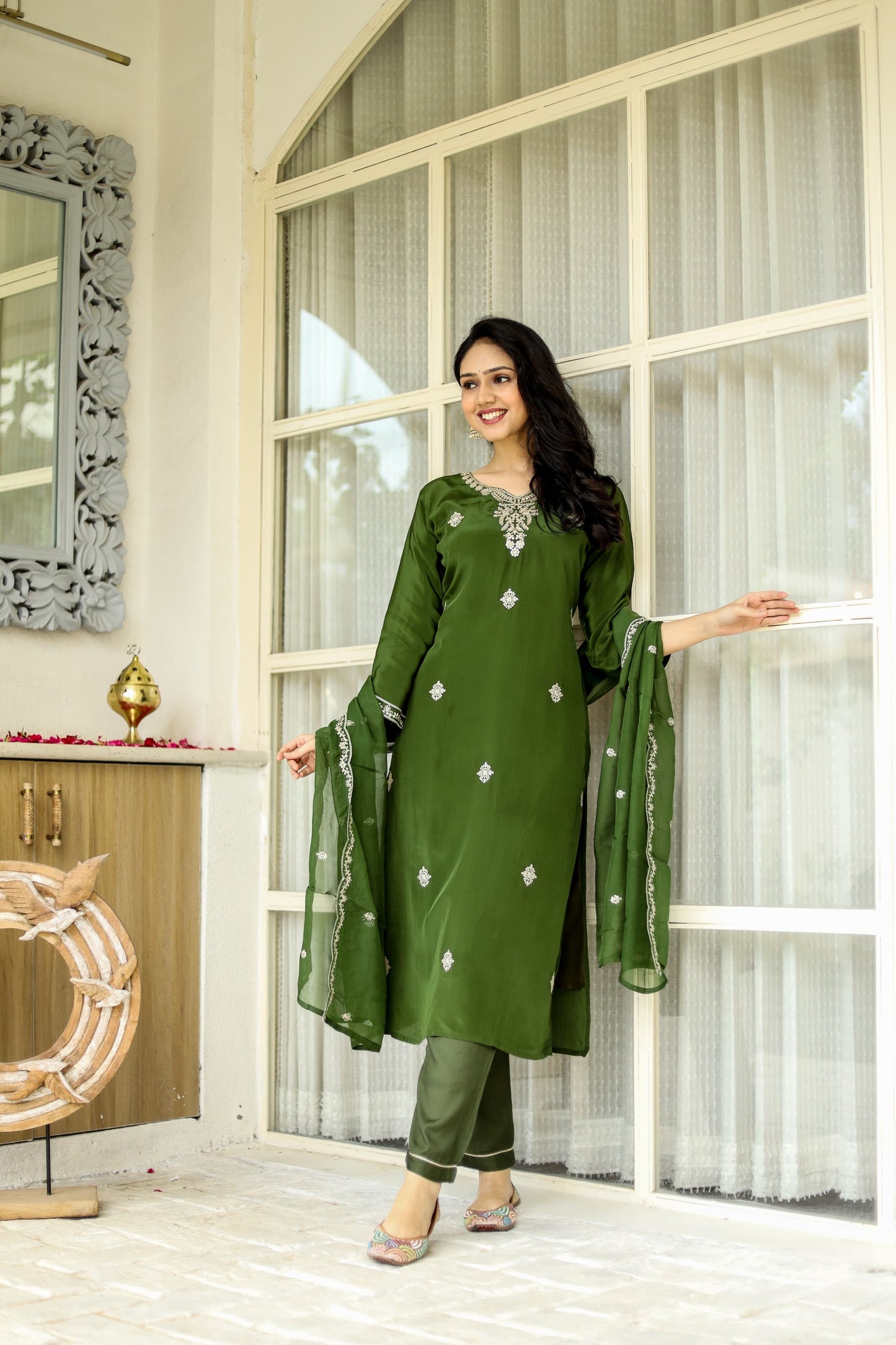 Pure Crep 3pc Set With  Hand Jari Sequence Work Green Color