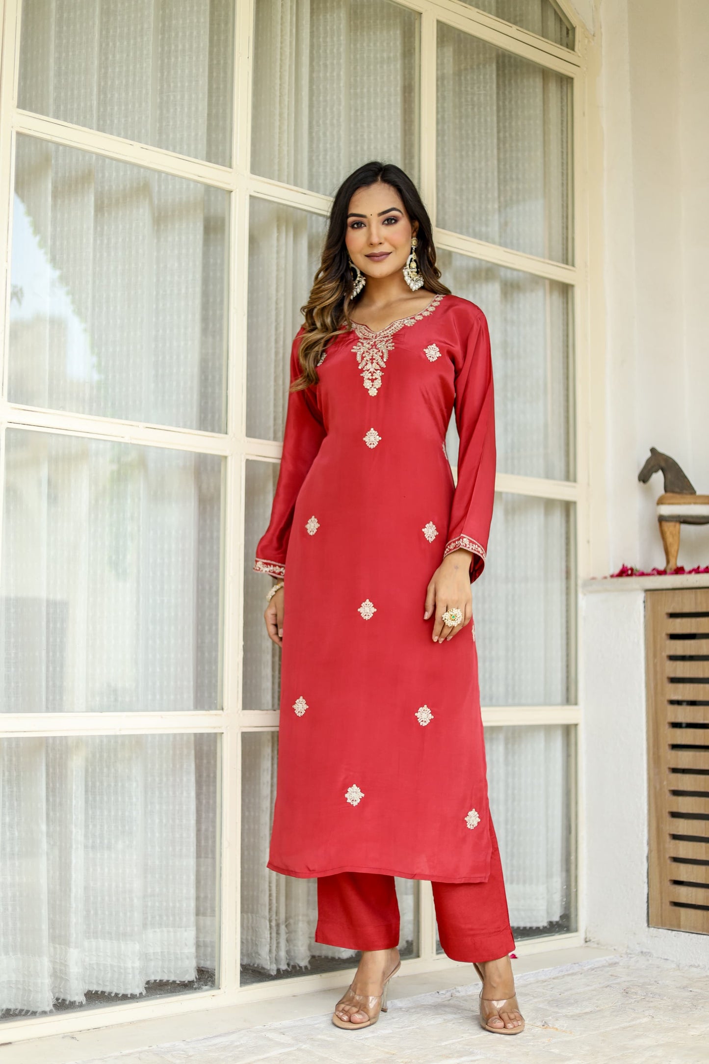 Pure Crep 3pc Set With Hand Jari-Sequence Work Red Color