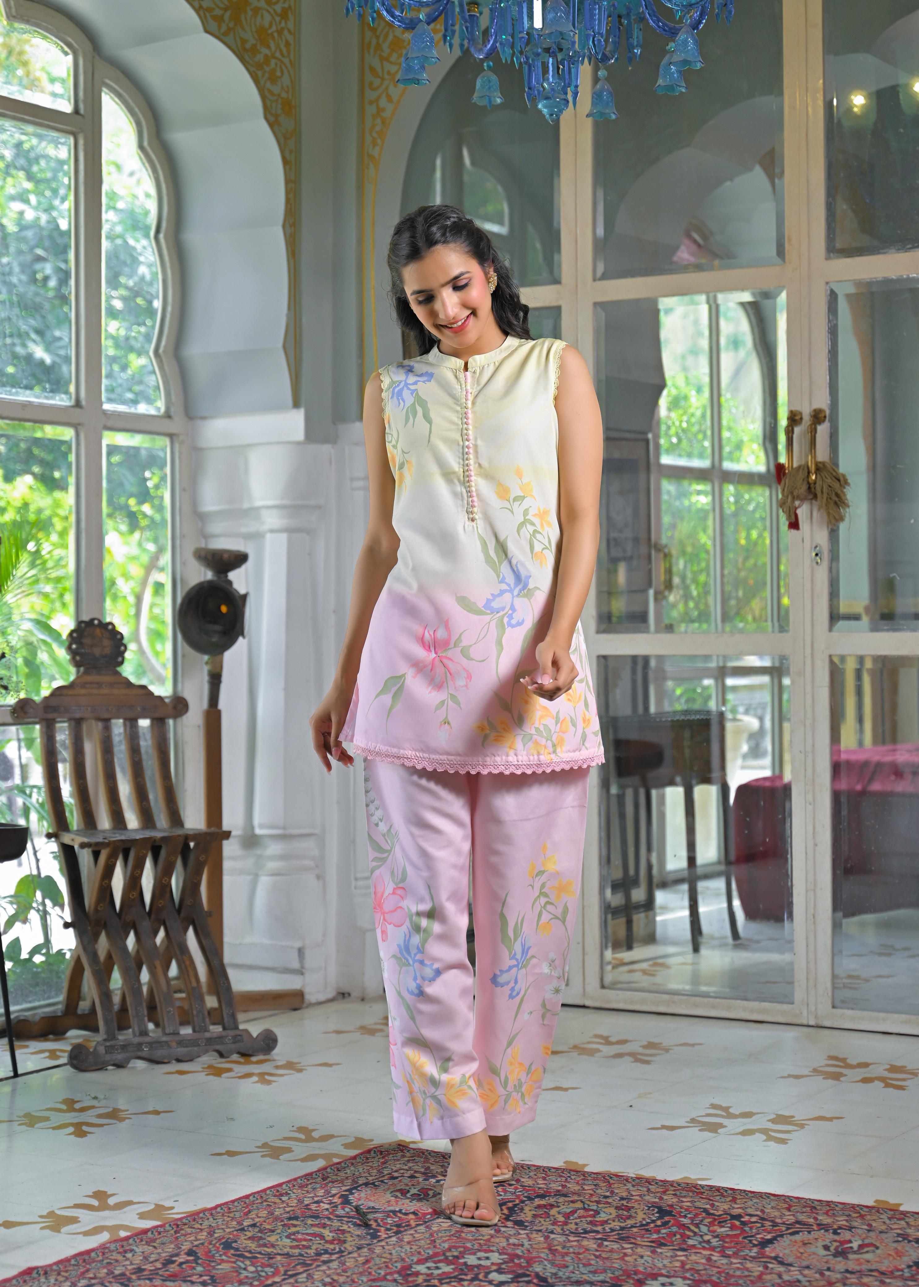 Pure Linen Cotton Cordset Floral Print MultiColor