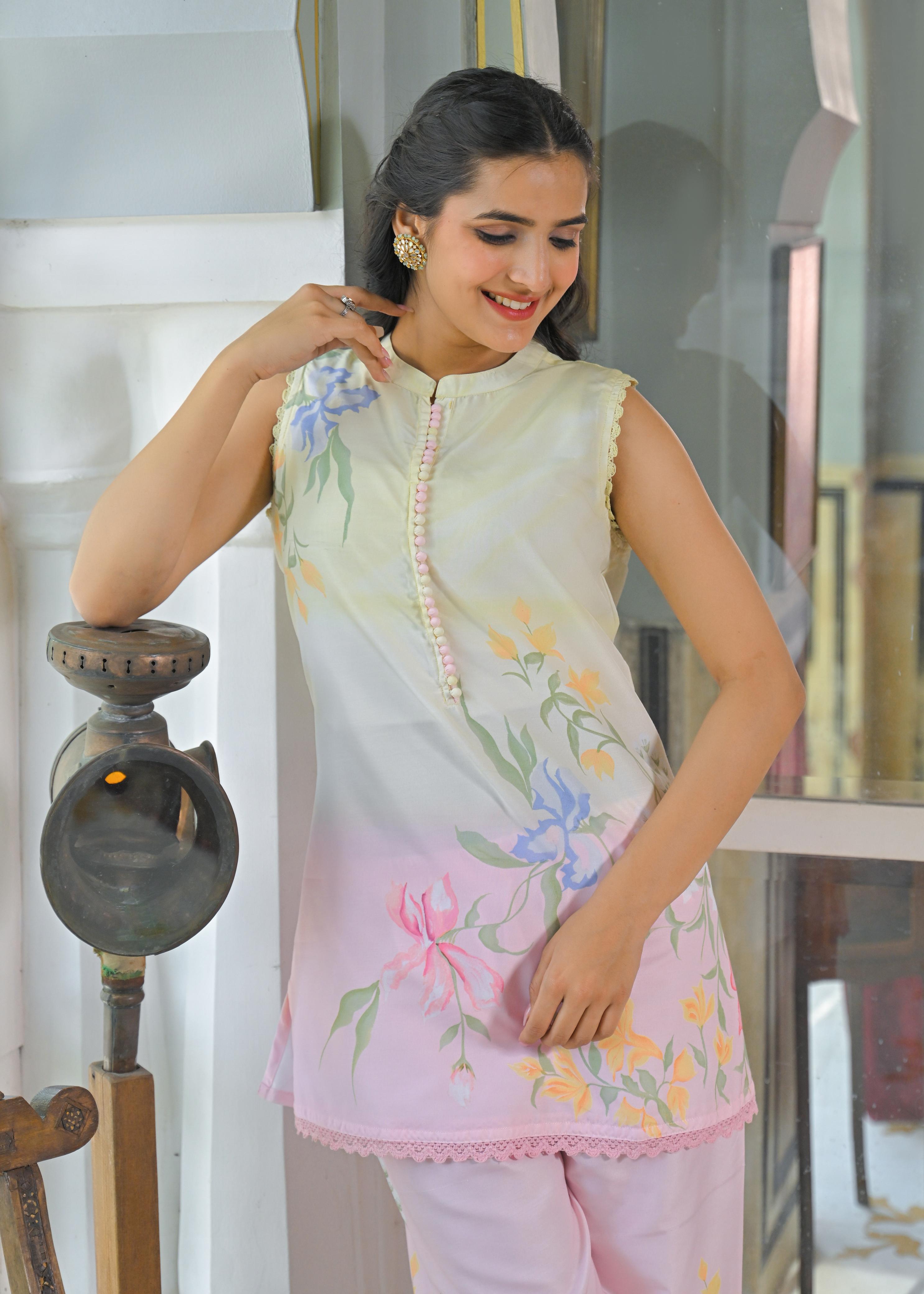 Pure Linen Cotton Cordset Floral Print MultiColor
