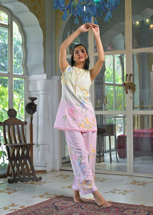 Pure Linen Cotton Cordset Floral Print MultiColor