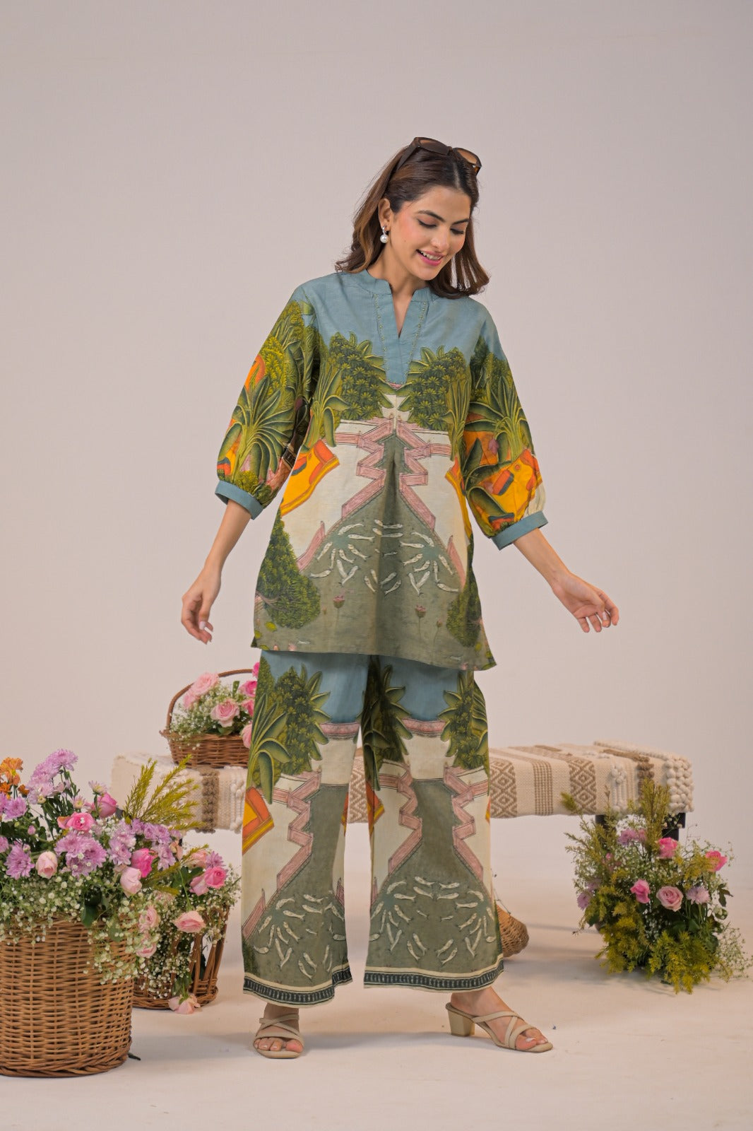 Pure Linen Silk Floral Print Cordset Green Color