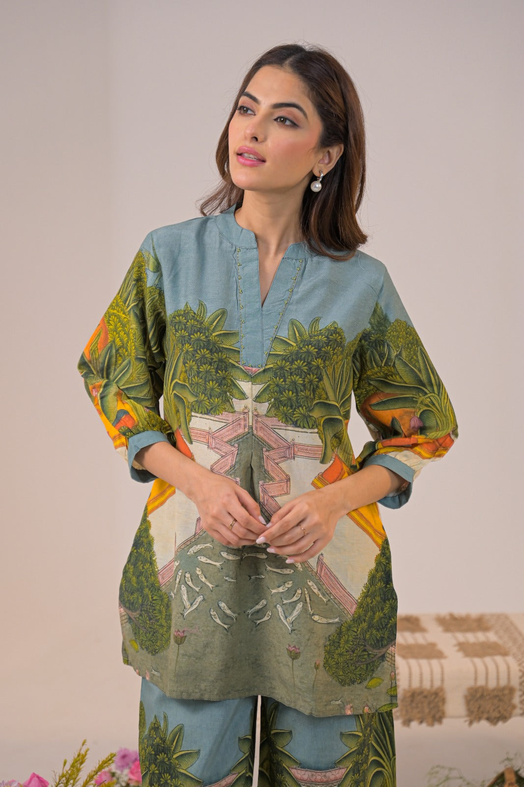 Pure Linen Silk Floral Print Cordset Green Color