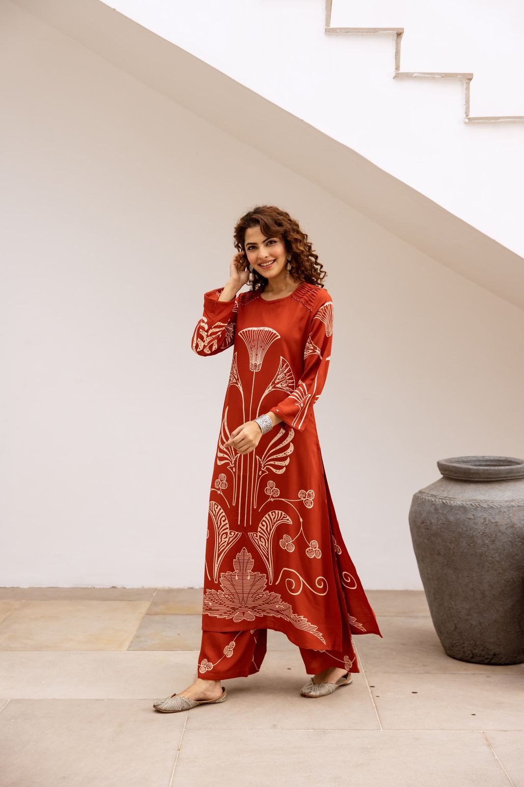 GFH Signature Premium Viscose German Rayon Long Co-ord Set with C-Cut Pattern Rust orange