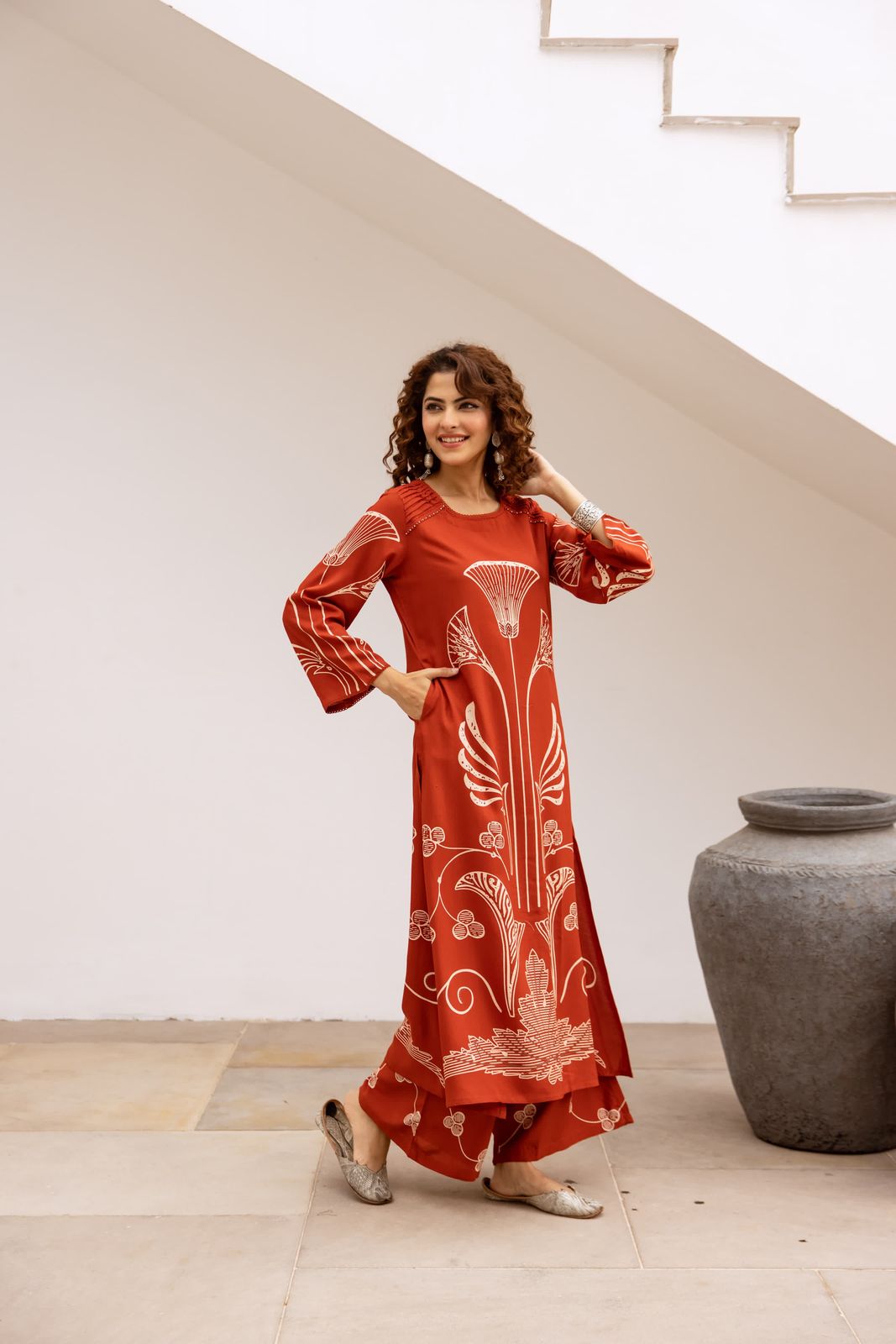 GFH Signature Premium Viscose German Rayon Long Co-ord Set with C-Cut Pattern Rust orange