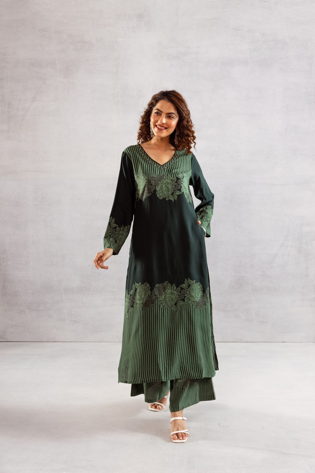 Printed Viscose German Rayon Kurta Set with Plazo Pants | C-Cut Design & Side Pockets"