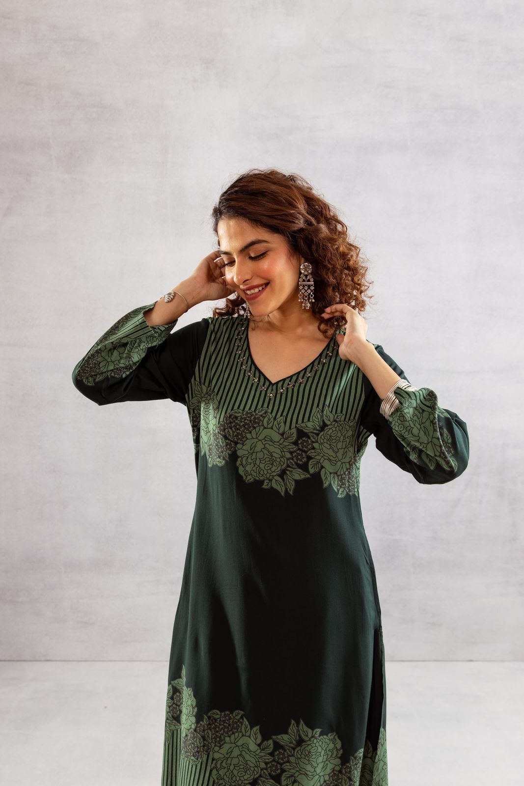 Printed Viscose German Rayon Kurta Set with Plazo Pants | C-Cut Design & Side Pockets"