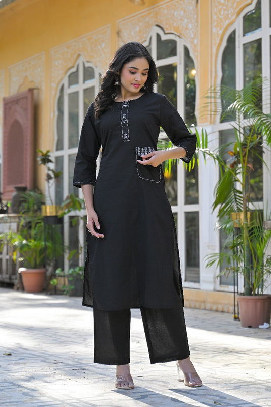 Timeless Grace Pure Cotton Black Straight Kurta Set with Subtle Matching Pants