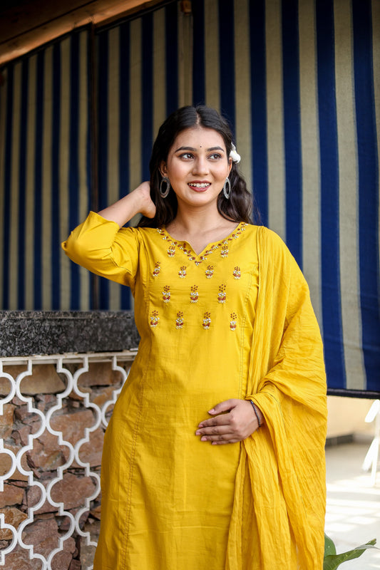Pure Cotton Yellow & Lavender Embroidered Kurta Set with Dupatta – 3-Piece Elegant Ethnic Wear for Women