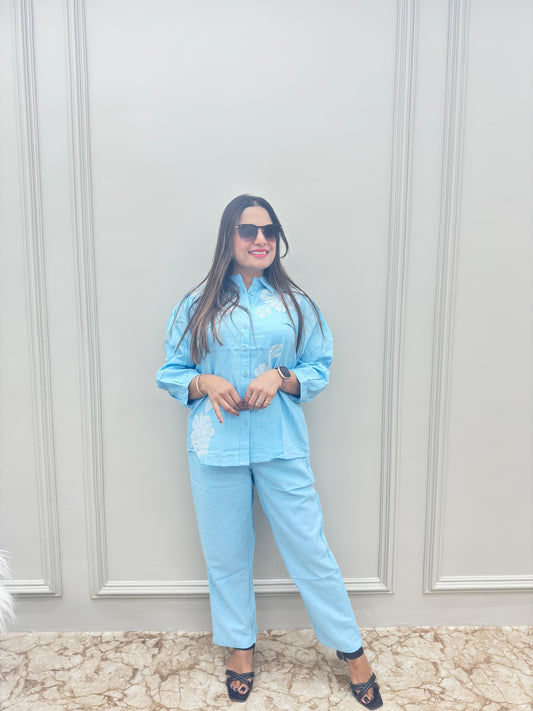 🩵 Elegant Sky Blue Linen-Cotton Co-Ord Set with Hand Embroidery (Size 36-44)