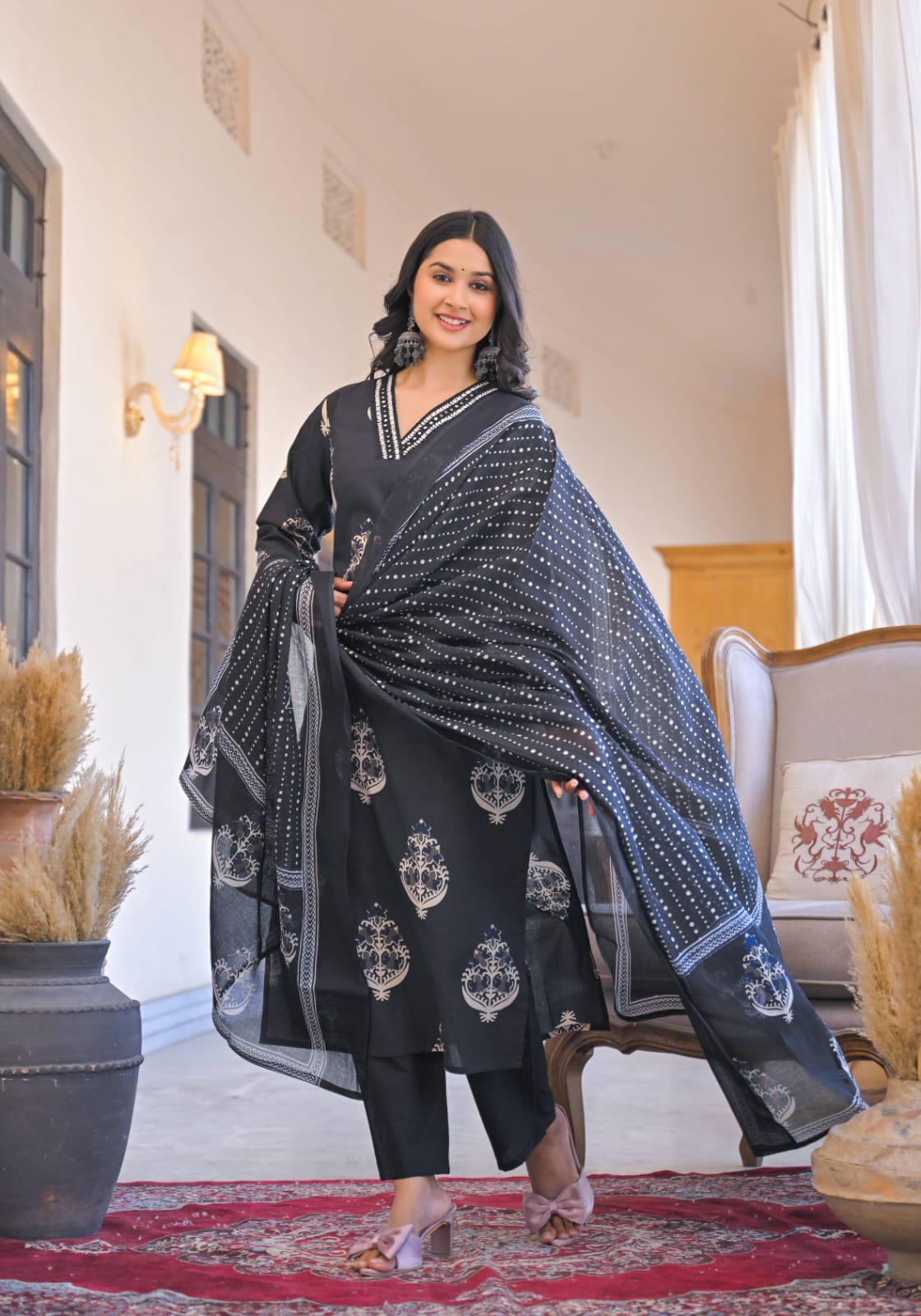 Pure Cotton Hand Block Print Coord Set with Mulmul Dupatta