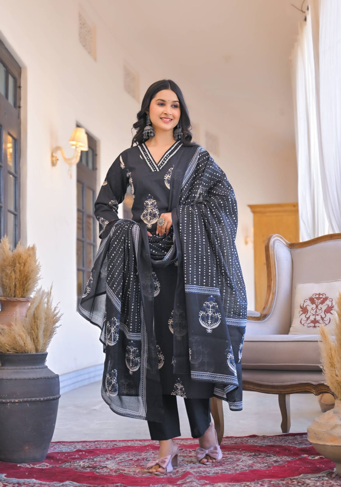 Pure Cotton Hand Block Print Coord Set with Mulmul Dupatta