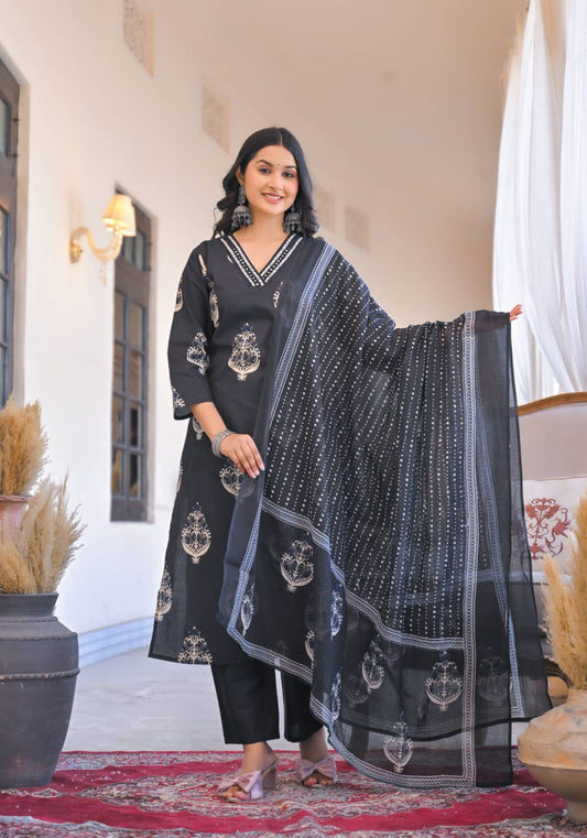 Pure Cotton Hand Block Print Coord Set with Mulmul Dupatta