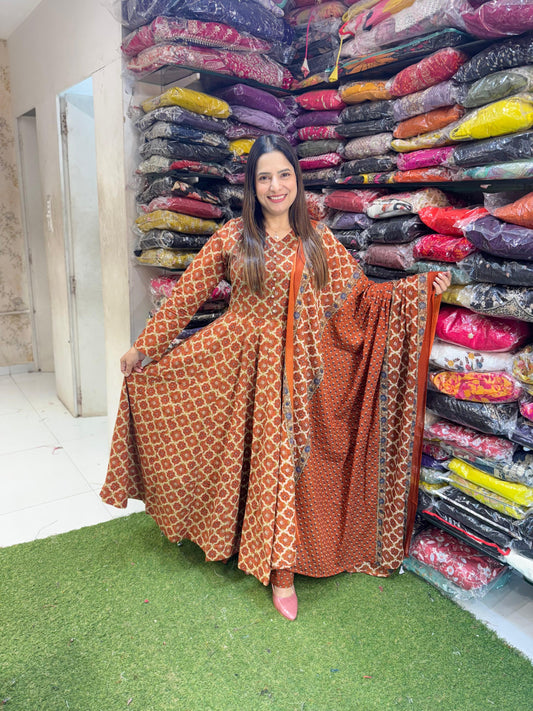 24 Kali Pure Cotton Premium Anarkali Suit – Rust Orange – Necklace Button Detailing