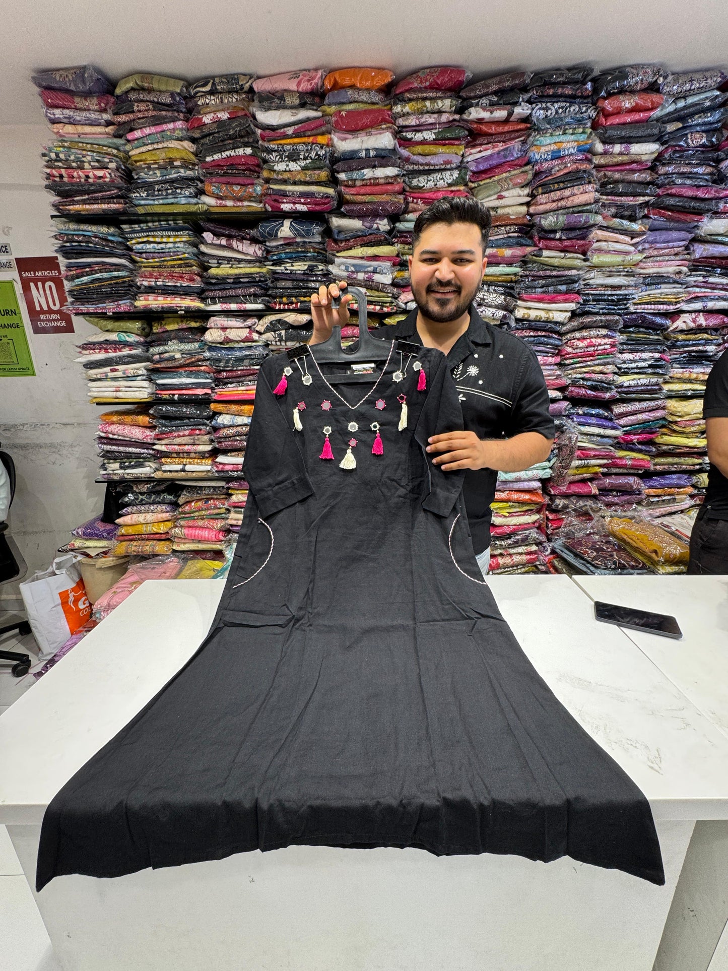 Premium Cotton A Line Coordset With Abhala Mirror Work  Black Color