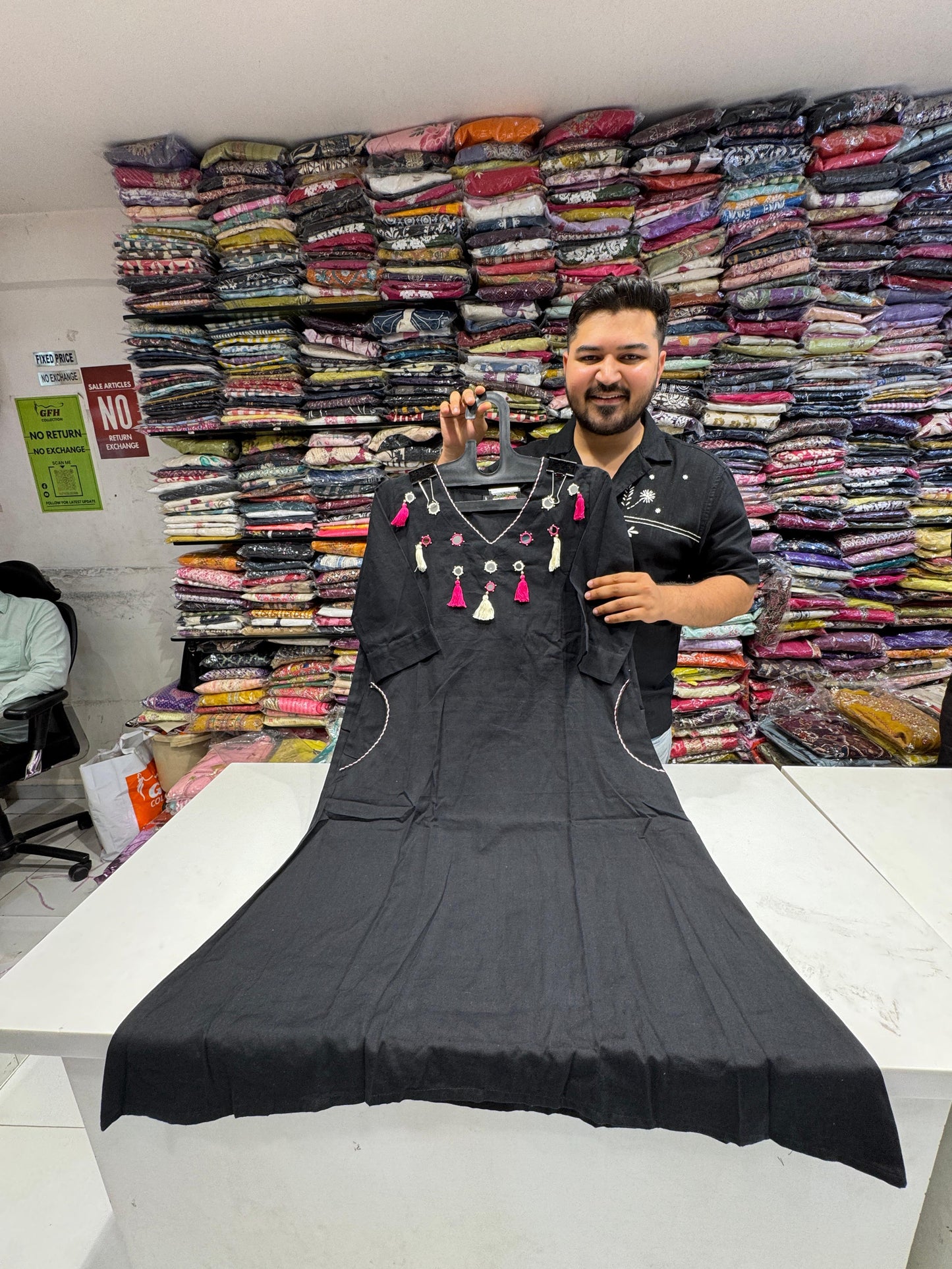 Premium Cotton A Line Coordset With Abhala Mirror Work  Black Color