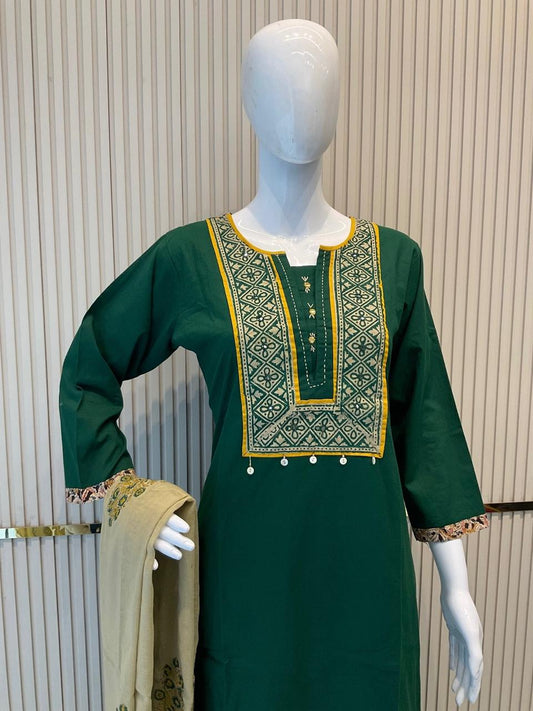 Pure cotton 3 pc Palazzo suit With Katha Detailings