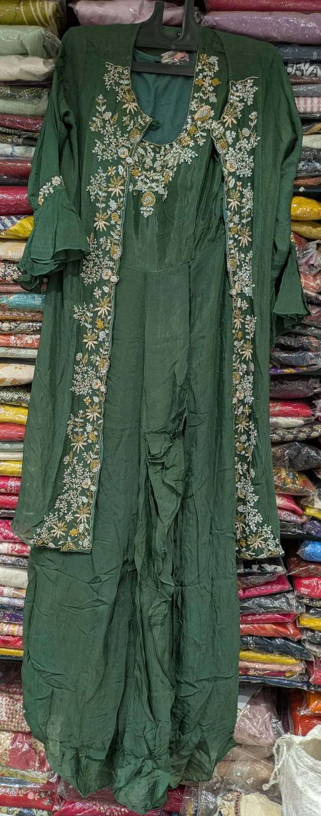 Pure Chinon Gown With Jacket Green Color
