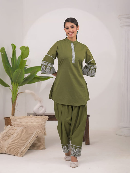 Pure Cotton Farsi Salwar Cordsets With Chinese Collar Style Mahendi Color