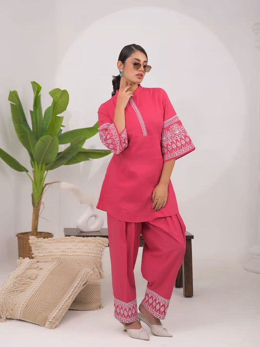 Pure Cotton Farsi Salwar Cordsets With Chinese Collar Style Pink Color