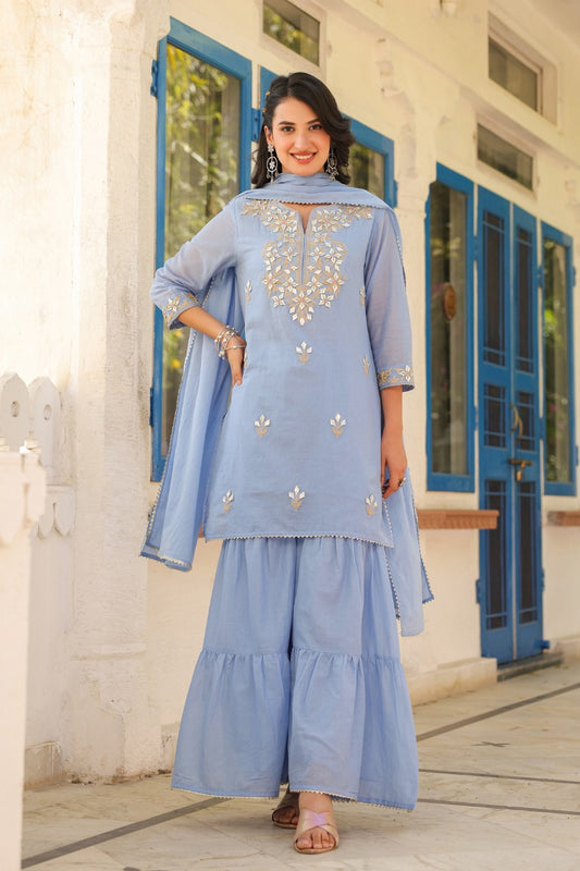 Premium Mull Cotton Sharara Set With Gotta Patti  Work - Ice blue Colour