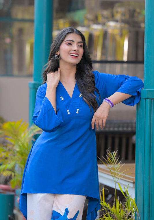 Pure Muslin Printed Cordset With Tail Cut Top and Palazzos Blue Color