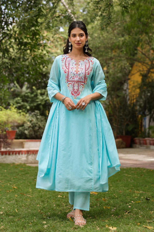 Pure Mull Cotton A- Line 3 pc Suit With Premium Embroidery Work in Pastel or sky blue color