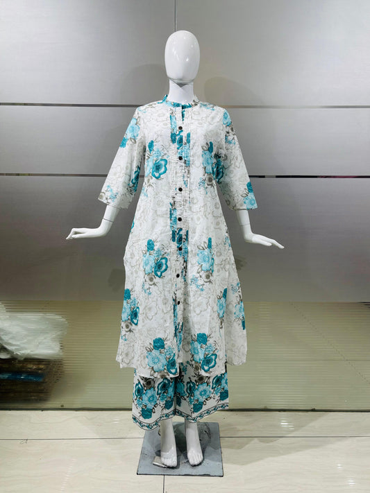 Pure Jaipuri Cotton Cordset with A-Line Top and Palazzo With Sky Blue Flower