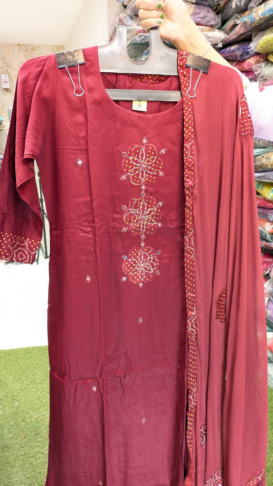 Pure Gaji Silk 3pc set With Bottom Plazzo Maroon Color