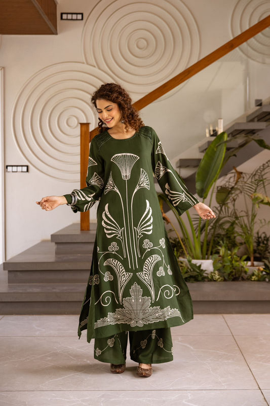 GFH Signature Premium Viscose German Rayon Long Co-ord Set with C-Cut Pattern Green Color