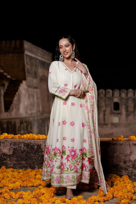 Pure Mull Cotton Anarkali With Potli Buttons