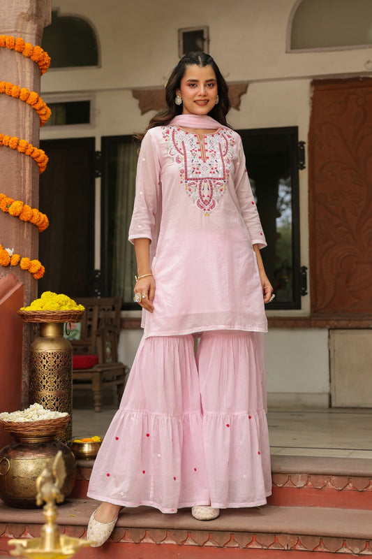Pure Mull With Full Lining With Embroidery Work Pink Color With Sarara