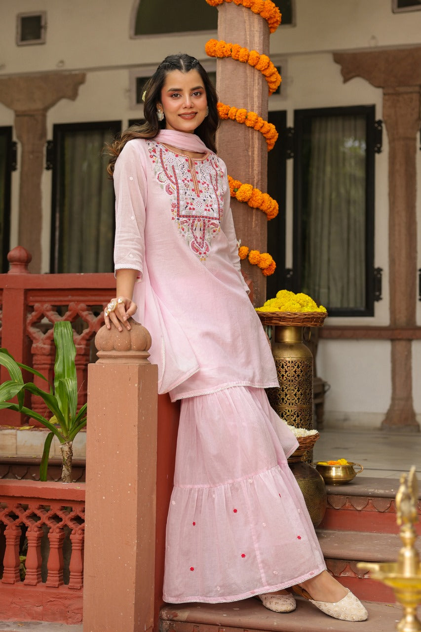 Pure Mull With Full Lining With Embroidery Work Pink Color With Sarara