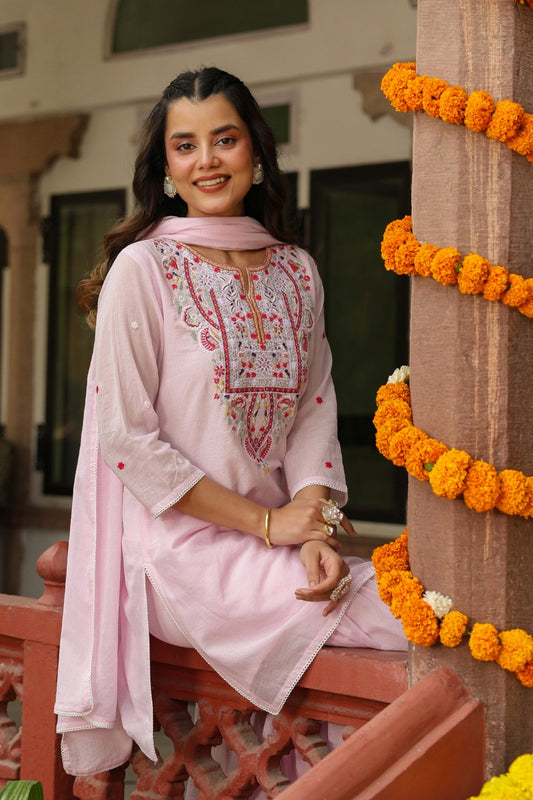 Pure Mull With Full Lining With Embroidery Work Pink Color With Sarara