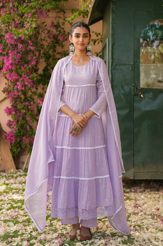 Pure Mull Cotton Tiered Anarkali Style Multiple gathered layers 3pc Set Lacework Purple Color