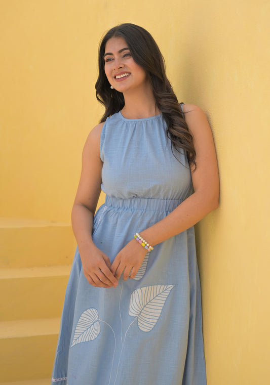 Pure Cotton Applique Work Midi With Bottom Sky Blue Color