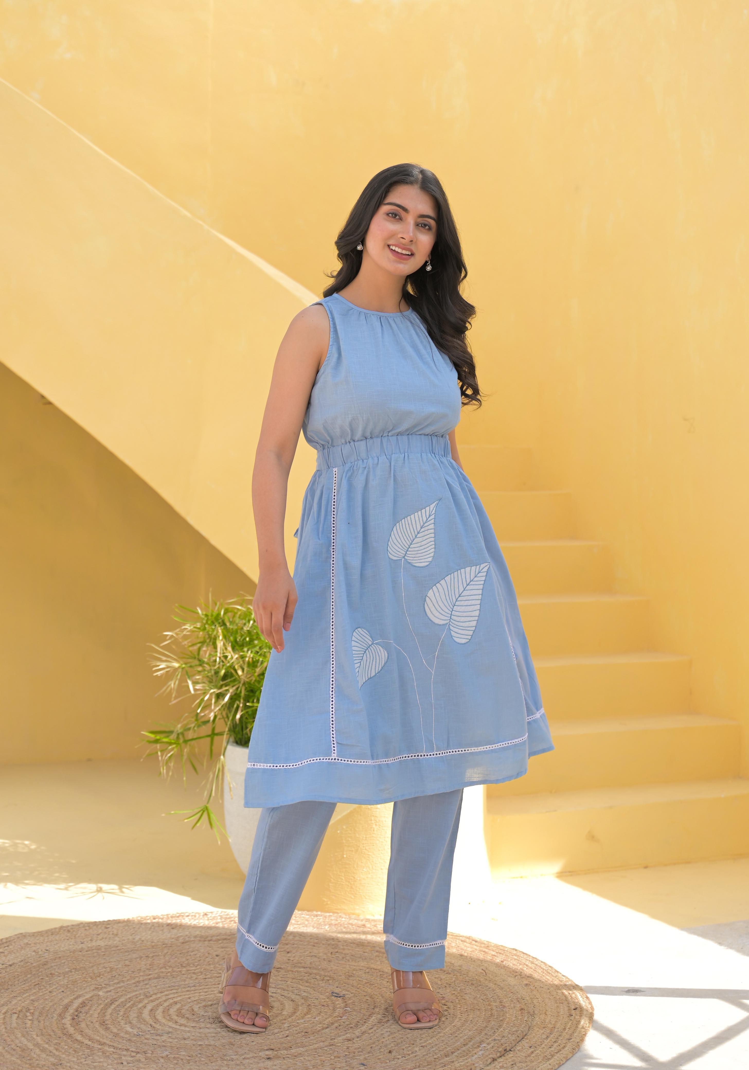 Pure Cotton Applique Work Midi With Bottom Sky Blue Color