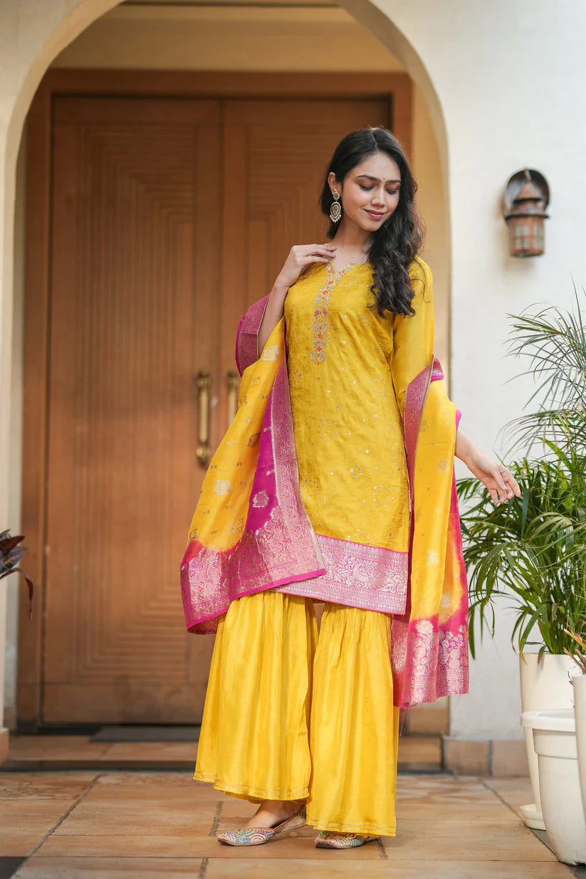 Pure Russian Silk HandWork 3pc Set Bottom Sharara Yellow Color