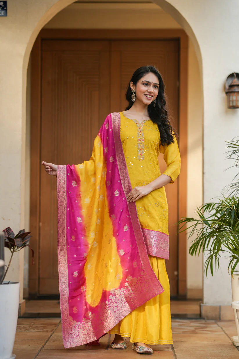 Pure Russian Silk HandWork 3pc Set Bottom Sharara Yellow Color