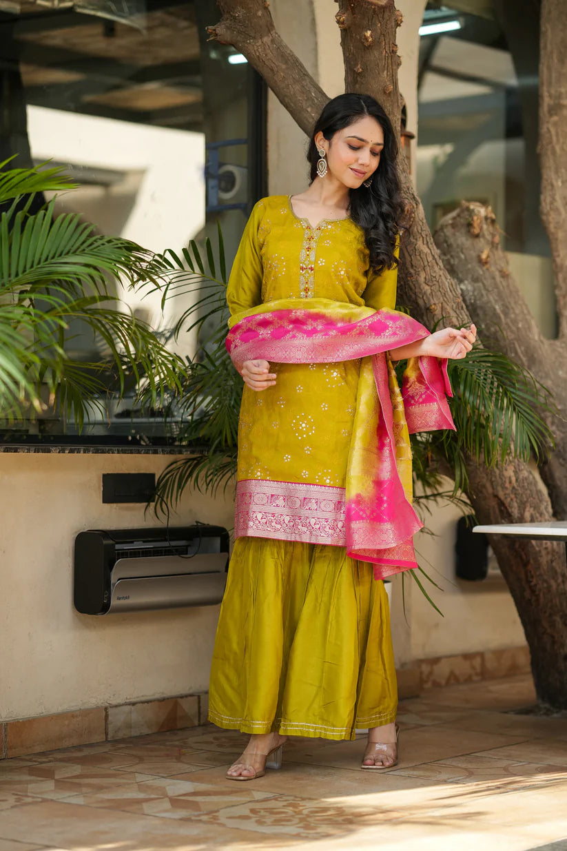 Pure Russian Silk HandWork 3pc Set Bottom Sharara Yellow Color